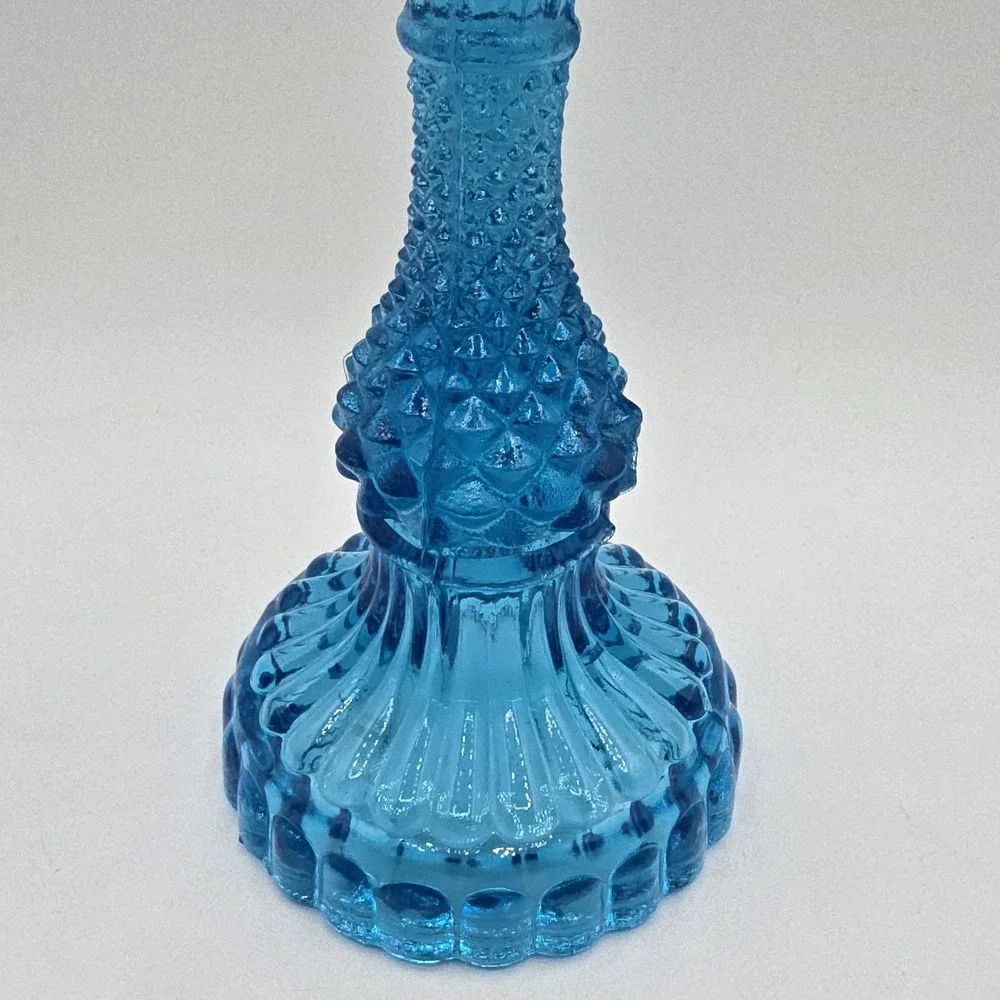 Blue Diamond Point Cut Taper Candle Holder Hobnail Vtg Cottagecore